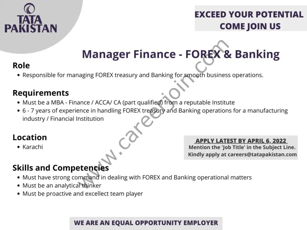 Tata Pakistan Jobs Manager Finance FOREX & Banking 01
