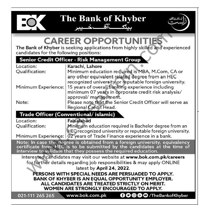 The Bank of Khyber BOK Jobs 10 April 2022 Express Tribune 01