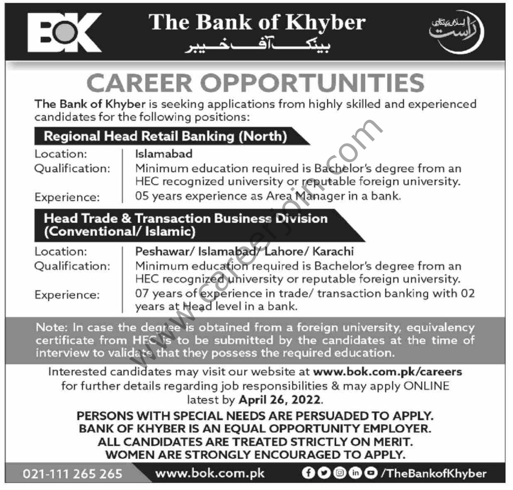 The Bank of Khyber BOK Jobs 17 April 2022 Dawn 01