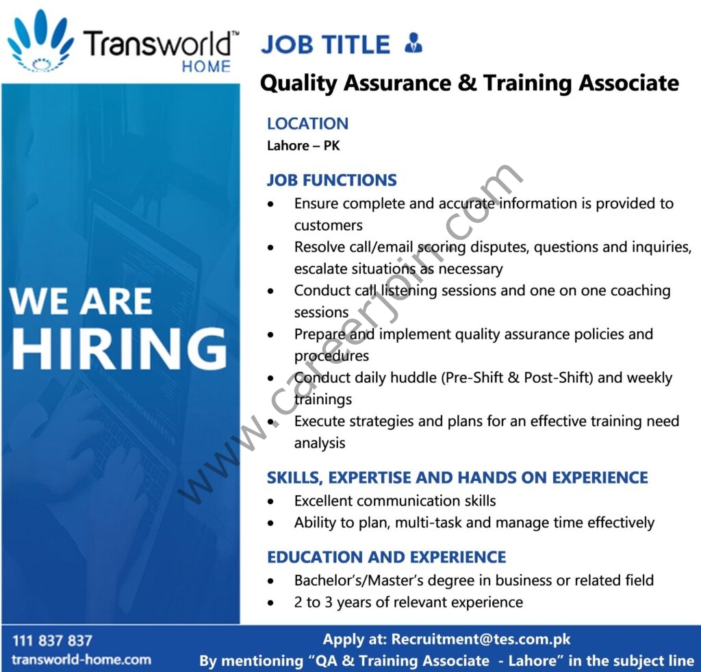 Transworld Home Jobs Quality Assurance & Training Associate 01