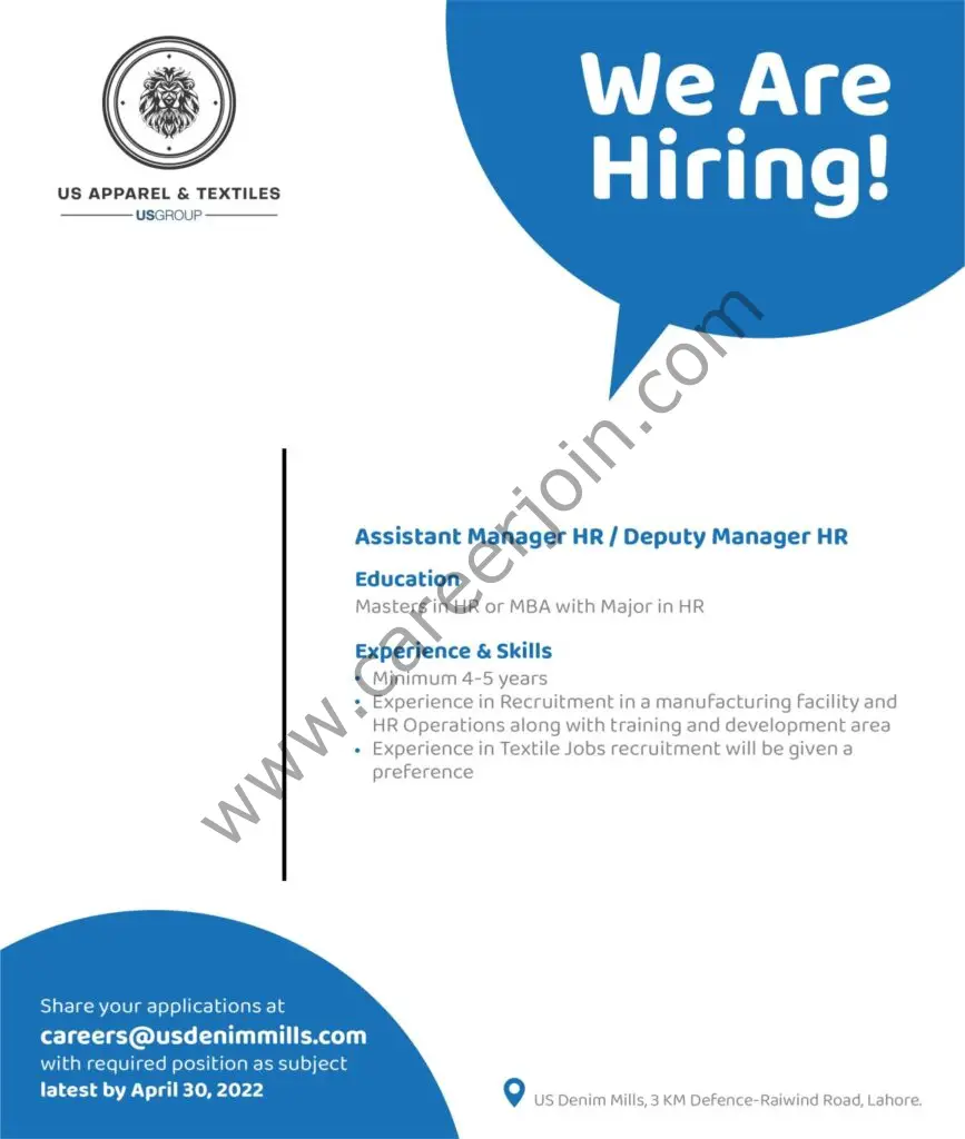 US Apparel & Textiles Pvt Ltd Jobs Assistant Manager HR / Deputy Manager HR 01