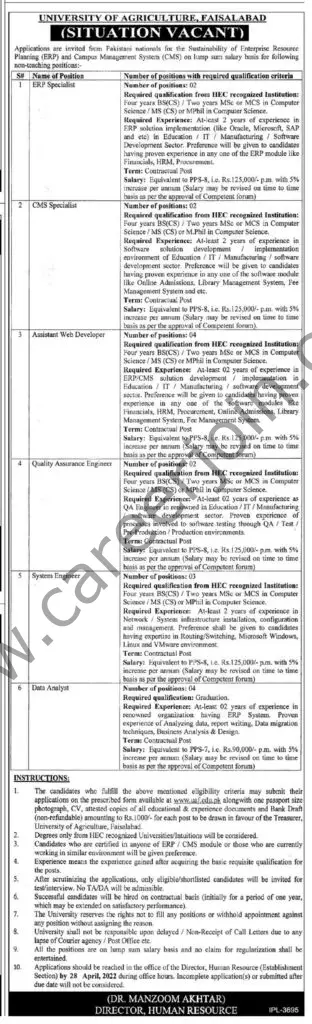 University Of Agricuture Faisalabad Jobs 07 April 2022 Express Tribune 01