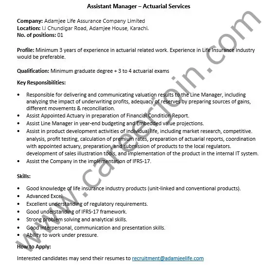 Adamjee Life Insurance Company Limited Jobs Assistant Manager Actuarial Services 01