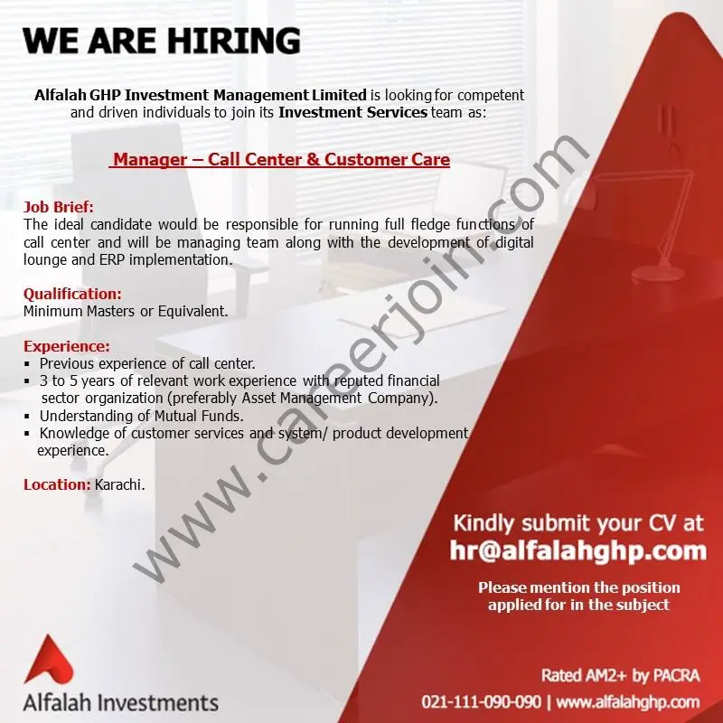 Alfalah GHP Investment Management Limited Jobs Manager Call Center & Customer Care 01