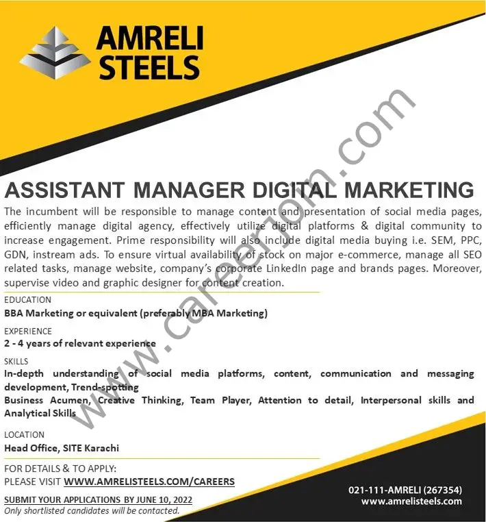 Amreli Steel Jobs Assistant Manager Digital Marketing 01