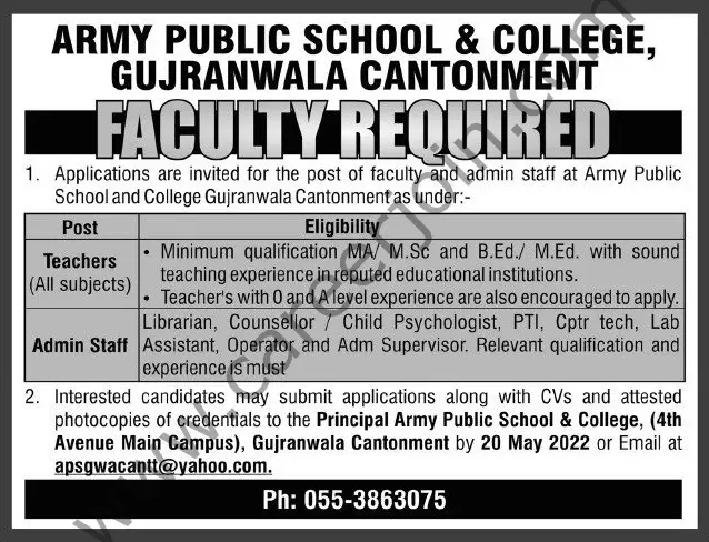 Army Public School & College Gujranwala Cantt Jobs 08 May 2022 Express Tribune 3
