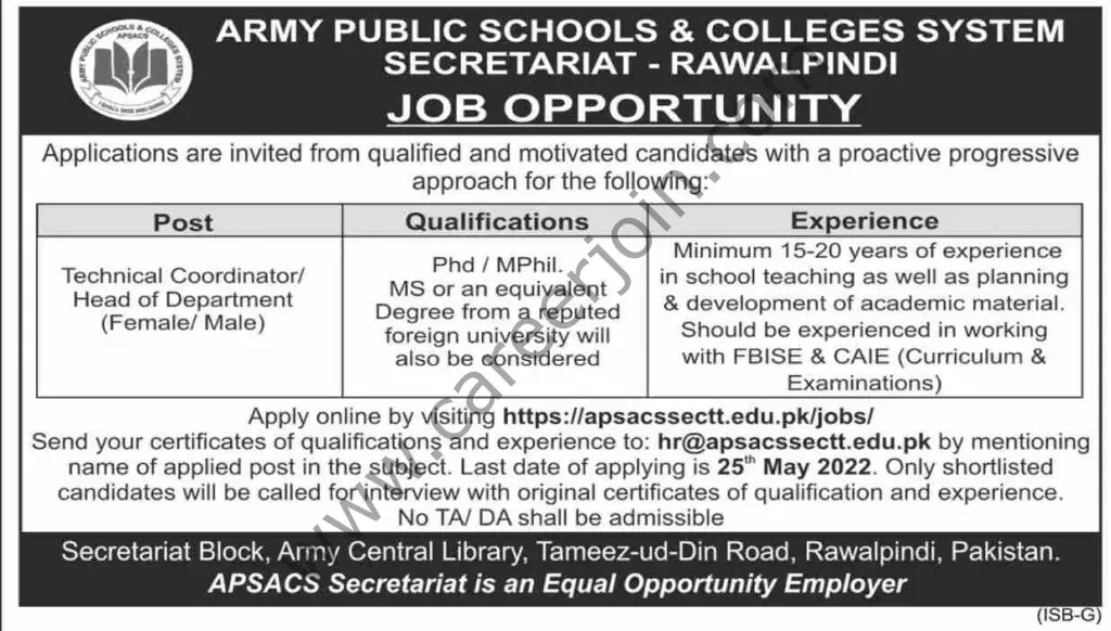 Army Public Schools & Colleges System Rawalpindi Jobs 18 May 2022 Express 01