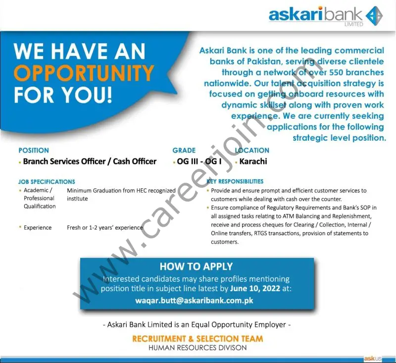 Askari Bank Limited Jobs Branch Services Officer / Cash Officer 01