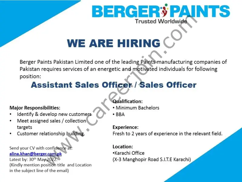 Berger Paints Pakistan Limited Jobs Assistant Sales Officer / Sales Officer 01