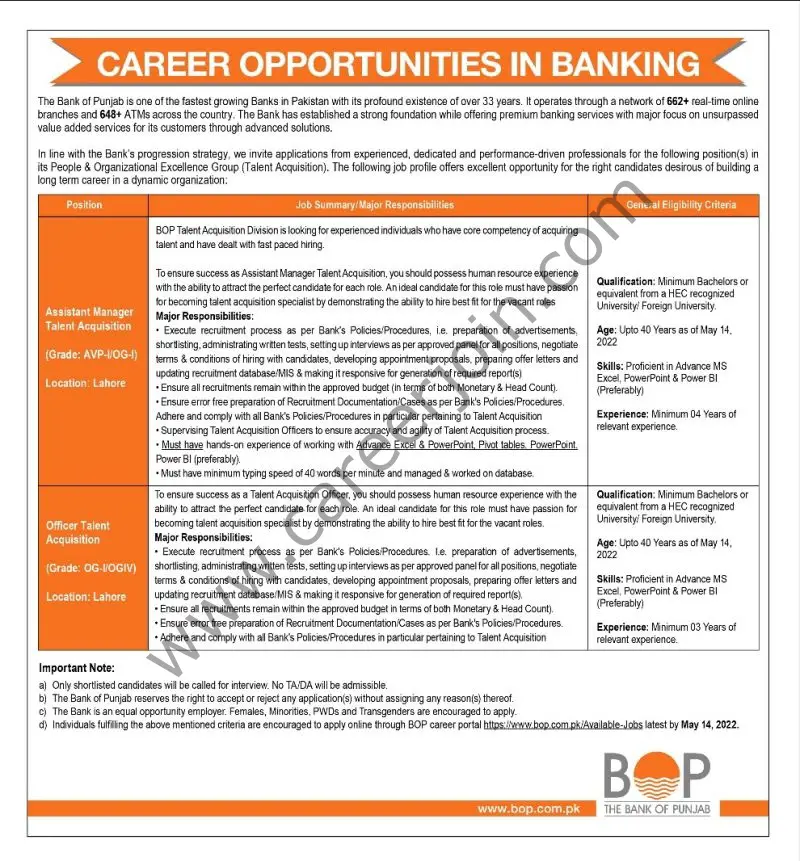 The Bank Of Punjab BOP Jobs May 2022 01