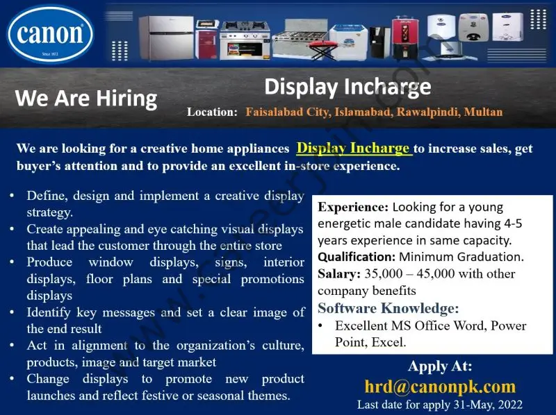 Canon Home Appliances Jobs Display Incharge 01