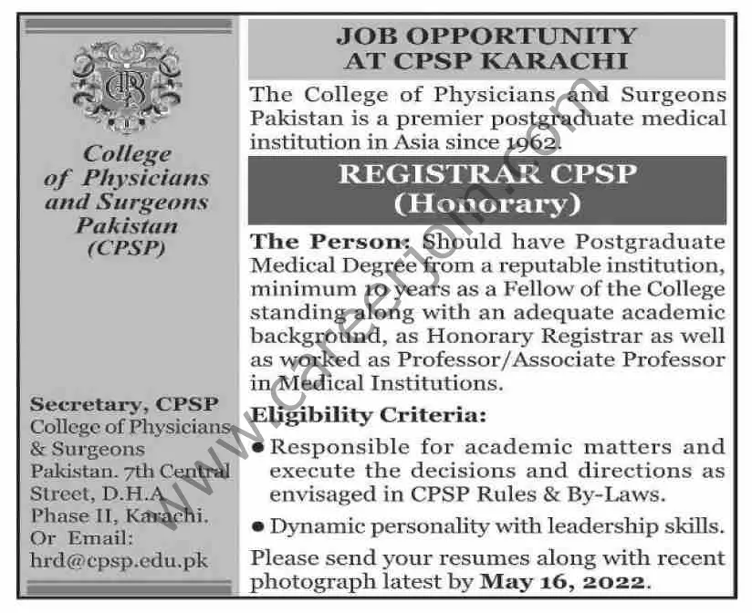 College of Physicians & Surgeons Pakistan CPSP Jobs Registrar 01