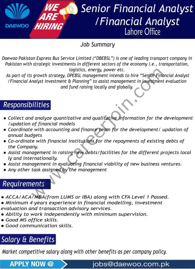 Daewoo Pakistan Express Bus Service Limited DPEBSL Jobs Senior Financial Analyst / Financial Analyst 01