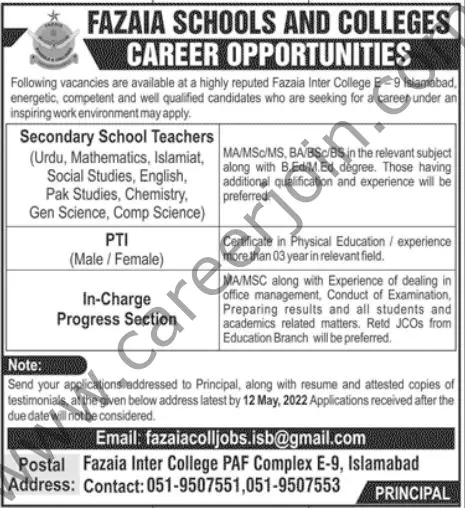Fazaia Schools and Colleges Air Force Posts Islamabad Jobs 08 May 2022 Jang 4