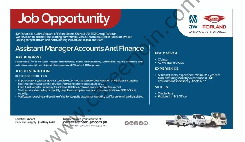 Foton JW AutoPark Pvt Ltd Jobs Assistant Manager Accounts & Finance 01