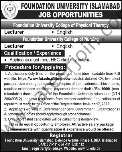 Foundation University Islamabad Jobs 22 May 2022 Express 1