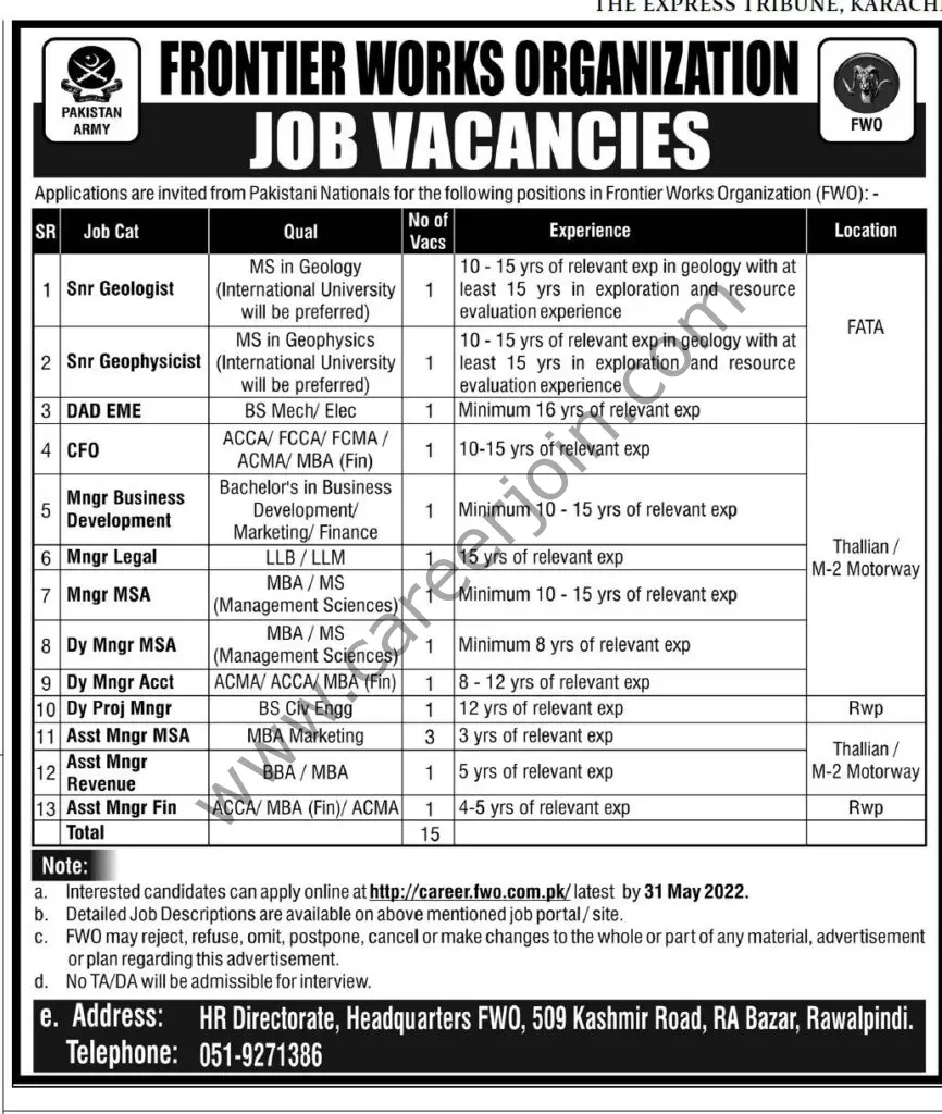 Frontier Works Organizations FWO Jobs 15 May 2022 Tribune Express 1