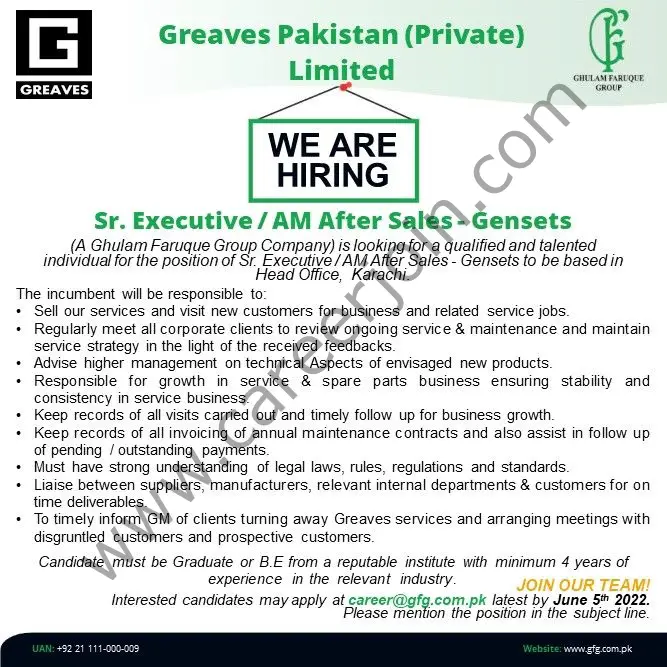 Greaves Pakistan Pvt Ltd Jobs Senior Executive / AM After Sales 01