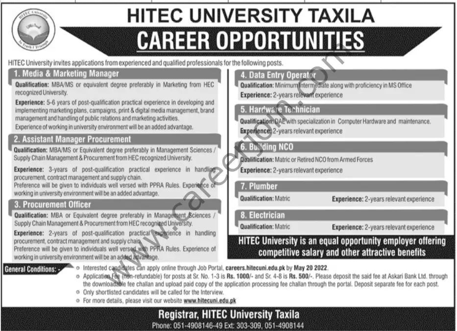 HITEC University Taxila Jobs 08 May 2022 Jang 87