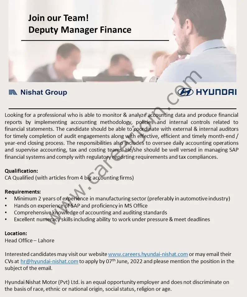 Hyundai Nishat Motor Pvt Ltd Jobs Deputy Manager Finance 01
