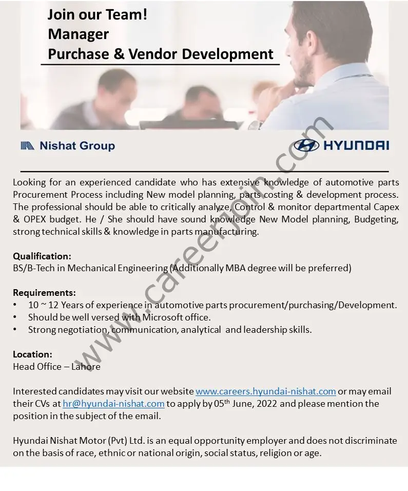 Hyundai Nishat Motor Pvt Ltd Jobs Manager Purchase & Vendor Development 01