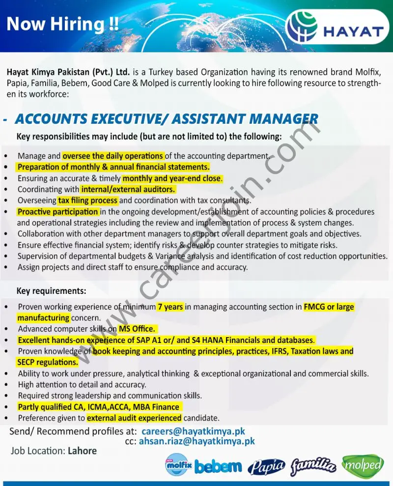 Hayat Kimya Pakistan Pvt Ltd Jobs Accounts Executive / Assistant Manager 01