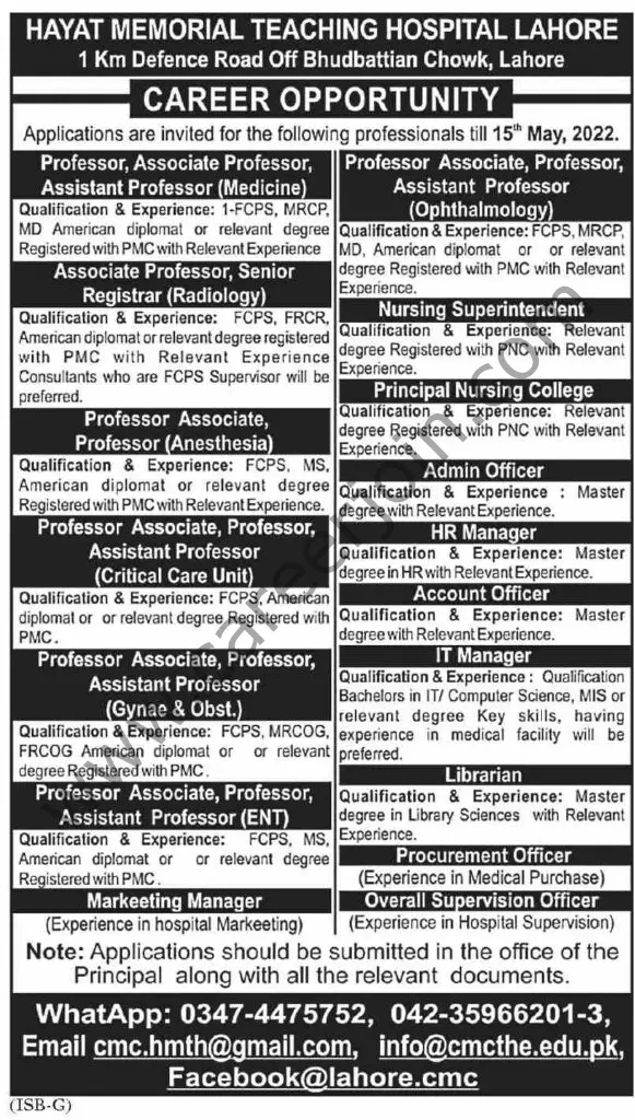 Hayat Memorial Teaching Hospital Lahore Jobs 08 May 2022 Dawn 4