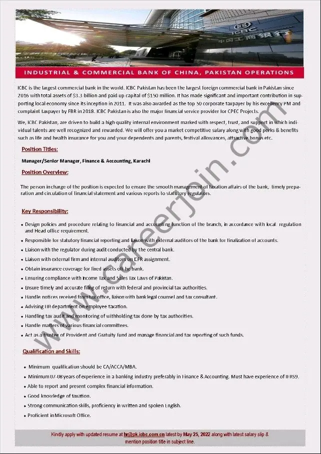 ICBC Ltd Pakistan Operations Jobs Manager / Senior Manager Finance & Accounting 01