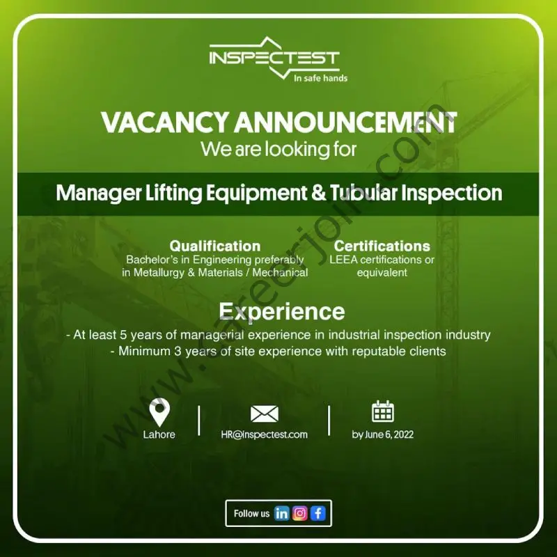 InspecTest Pvt Ltd Jobs Manager Lifting Equipment & Tubular Inspection 01