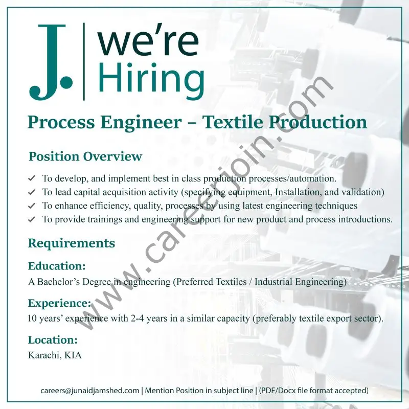 Junaid Jamshed Pvt Ltd Jobs Process Engineer 01