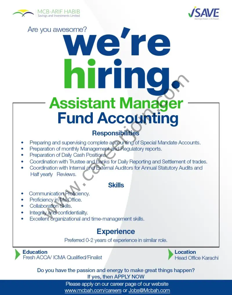 MCB Arif Habib Savings & Investments Limited Jobs Assistant Manager Funds Accounting 01