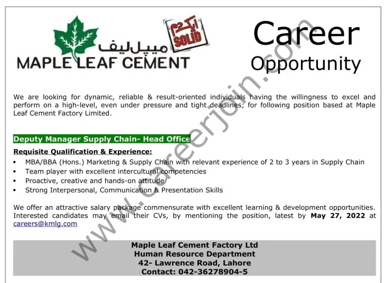 Maple Leaf Cement Jobs Deputy Manager Supply Chain 01