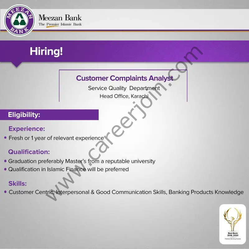 Meezan Bank Limited Jobs Customer Complaints Analyst 01