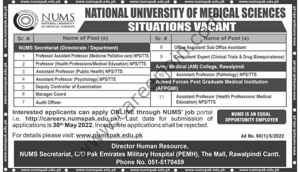 National University Of Medical Sciences NUMS Jobs 15 May 2022 Dawn 1