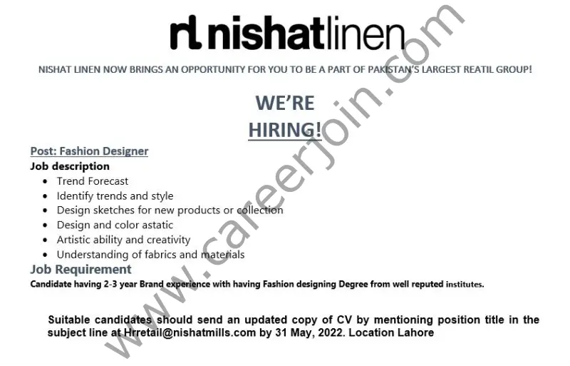 Nishat Linen NL Jobs Designers 01