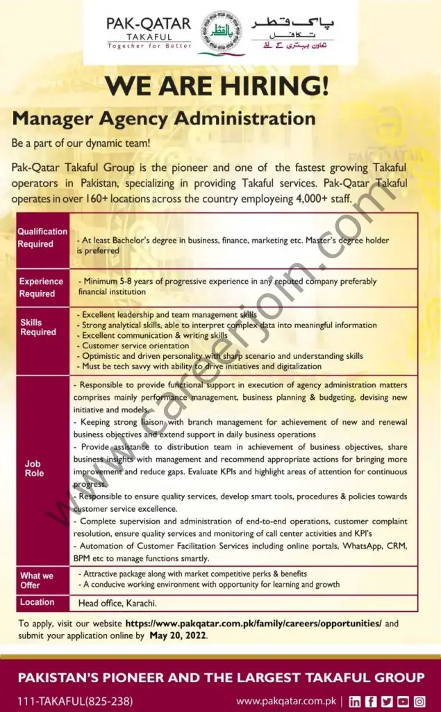 Pak Qatar Takaful Group Jobs Manager Agency Administration 01