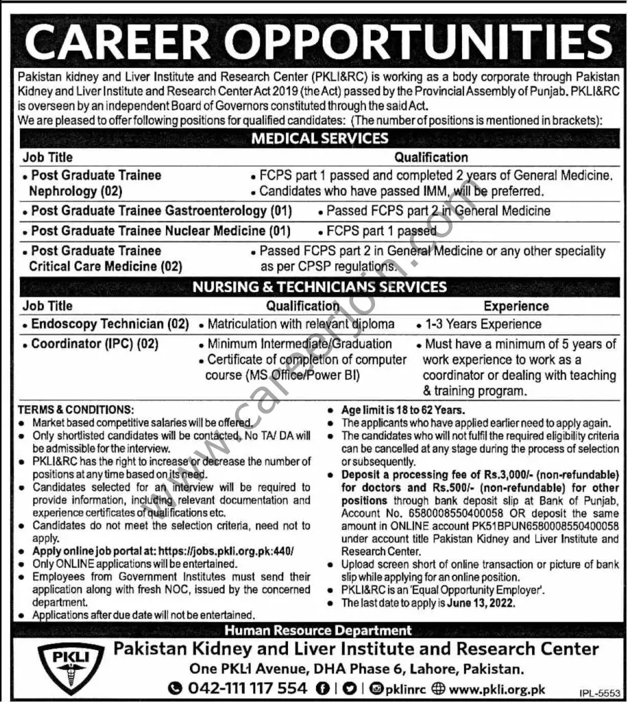 Pakistan Kidney & Liver Institute & Research Center PKLI&RC Jobs June 2022 01