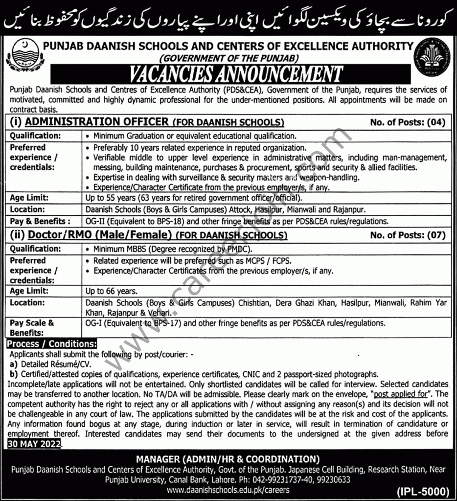 Punjab Daanish Schools & Centres of Excellence Authority Jobs 15 May 2022 Nawaiwaqt 1