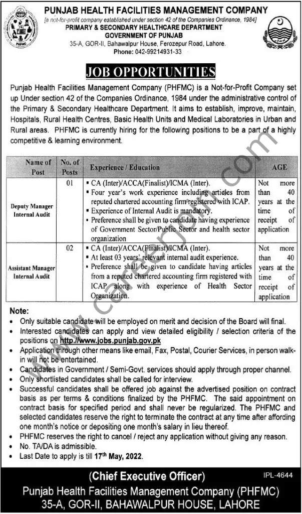 Punjab Health Facilities Management Comany PHFMC Jobs May 2022 01