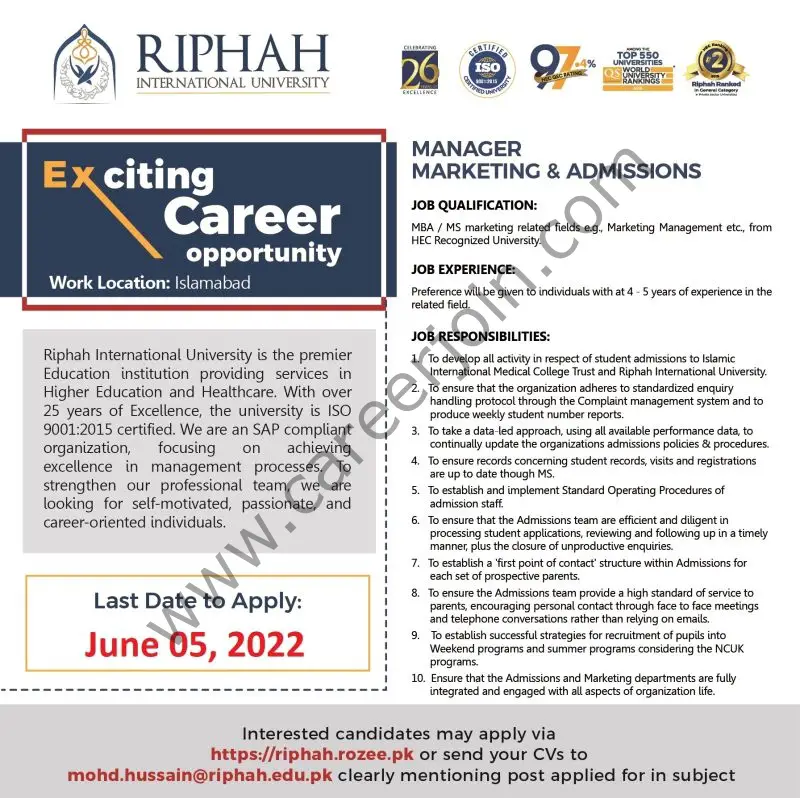 Riphah International University Jobs June 2022 02