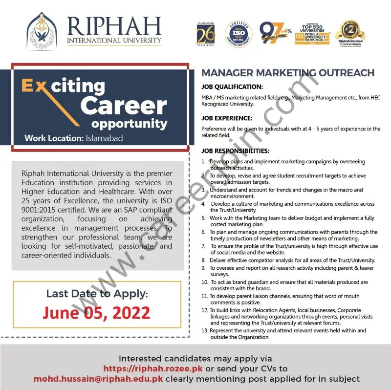 Riphah International University Jobs June 2022 03
