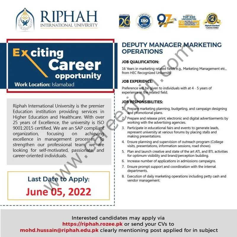 Riphah International University Jobs June 2022 01