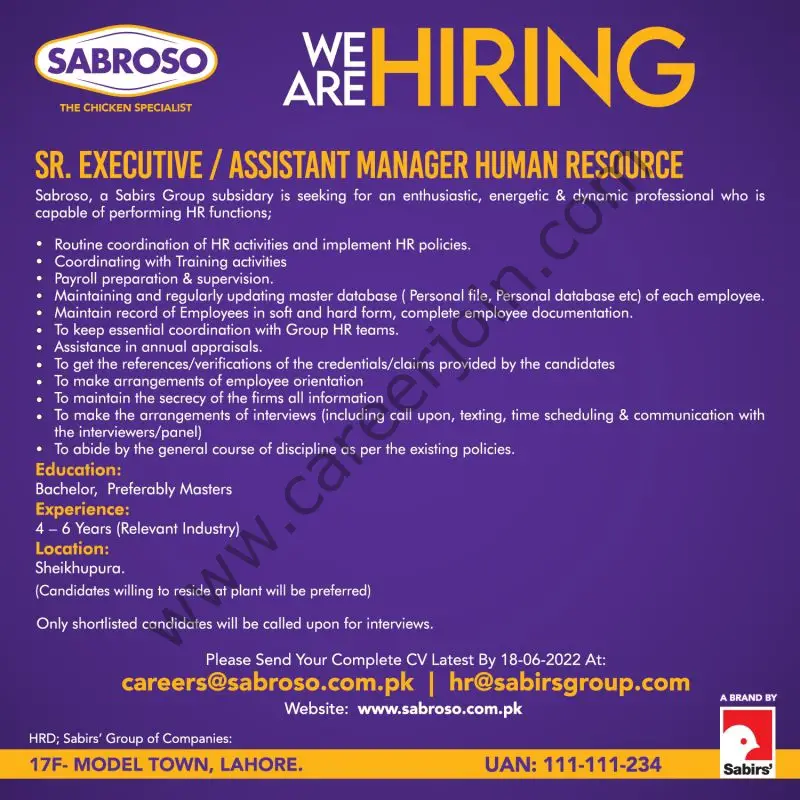 Sabroso Pakistan Jobs Senior Executive / Assistant Manager HR 01