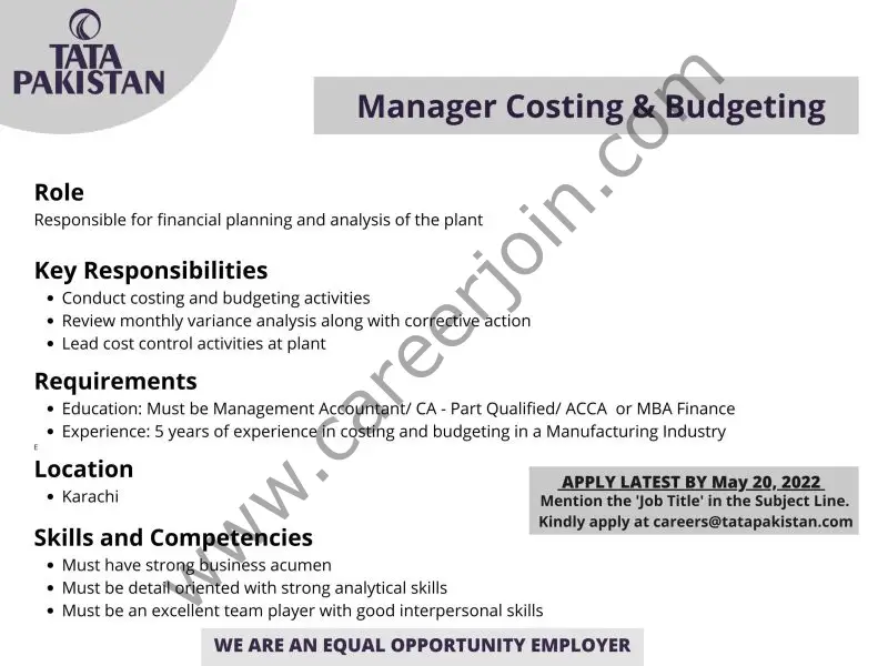 Tata Pakistan Jobs Manager Costing & Budgeting 01
