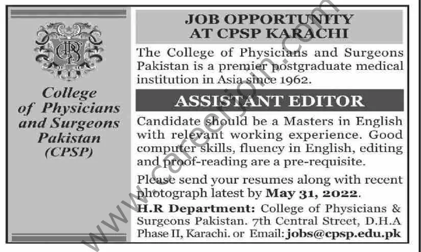The College of Physicians & Surgeons Pakistan Jobs Assistant Editor 01