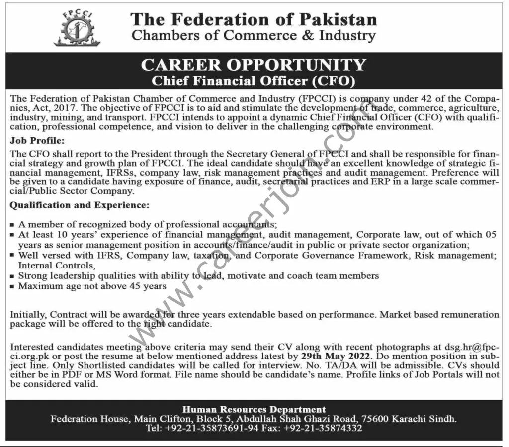 The Federation of Pakistan Chambers of Commerce & Industry Jobs 15 May 2022 Dawn 1