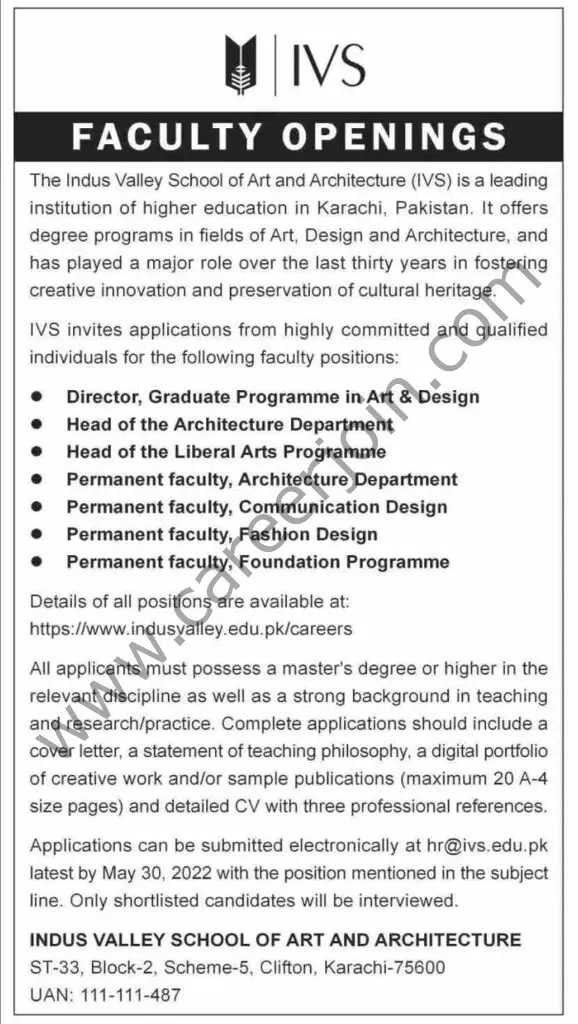 The Indus Valley School of Art & Architecture IVS Jobs 15 May 2022 Dawn 1