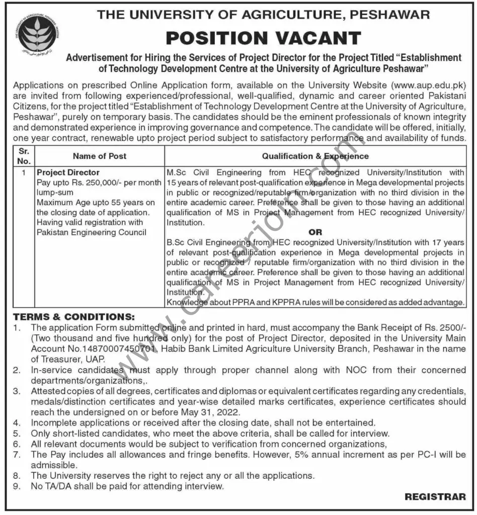 University of Agriculture Peshawar Jobs Project Director 01