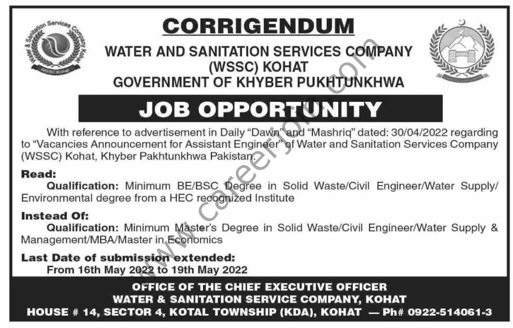 Water & Santation Services Company WSSC Kohat Jobs  Assistant Engineer 01