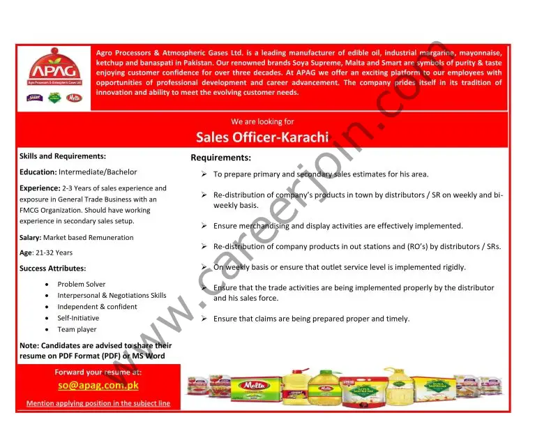 APAG Agro Processors & Atmospheric Gases Pvt Ltd Jobs Sales Officer 01
